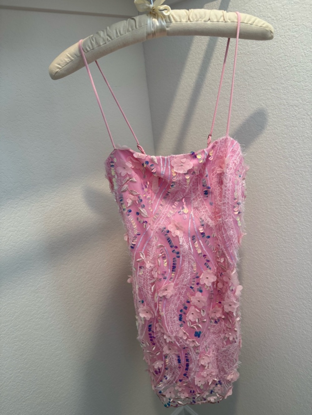 Saints & Secrets Pink Embellished Floral Sequin Spaghetti Strap Dress
